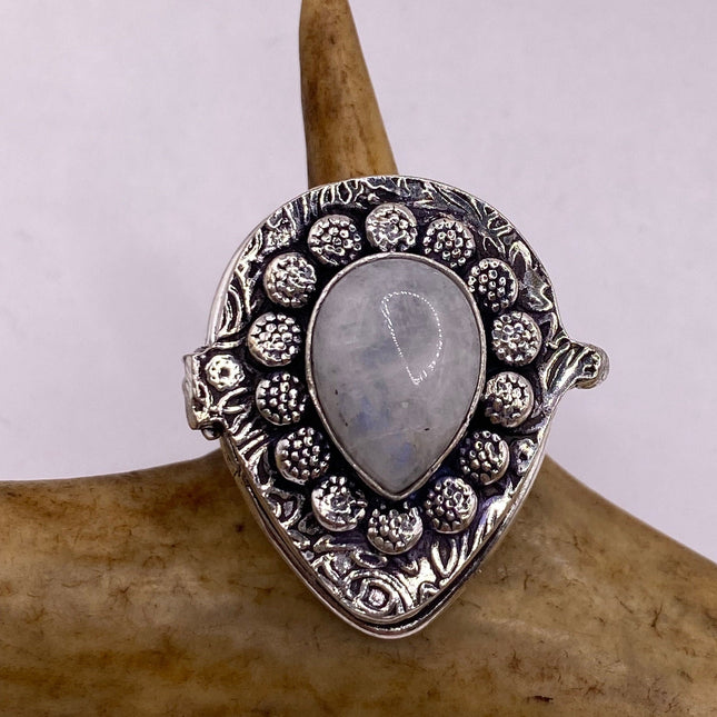 Vintage Silver Bronze Poison Ring | Size 8.75 Rainbow Moonstone Unique Gift Statement Ring