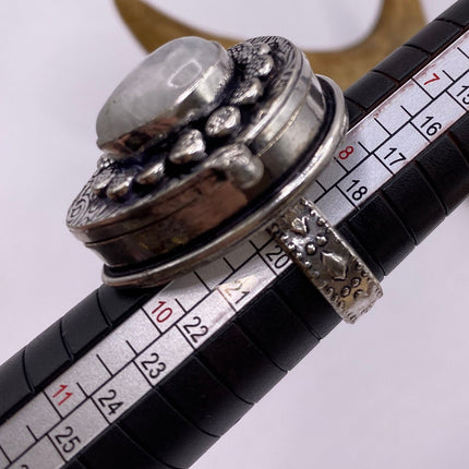 Vintage Silver Bronze Poison Ring | Size 8.75 Rainbow Moonstone Unique Gift Statement Ring