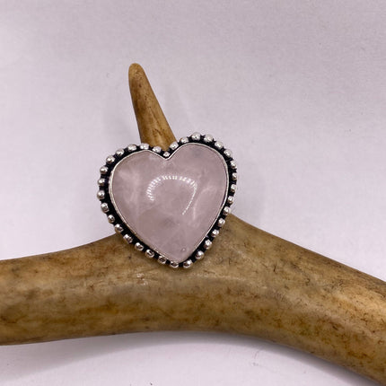 Vintage Silver Bronze Boho Ring | Rose Quartz Heart | Unique Gift Statement Ring