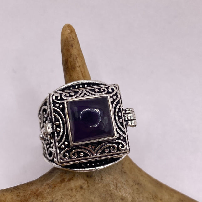 Vintage Silver Bronze Poison Ring | Purple Amethyst | Unique Gift Statement Ring