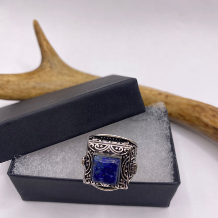 Vintage Silver Bronze Poison Ring | Blue Lapis Lazuli | Unique Gift Statement Ring