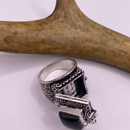 Vintage Silver Bronze Poison Ring | Black Onyx Unique Gift Statement Ring