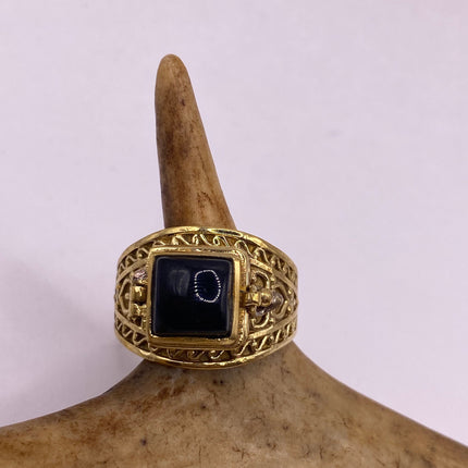 Vintage Gold Bronze Poison Ring | Black Onyx Unique Gift Statement Ring