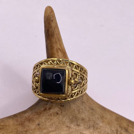 Vintage Gold Bronze Poison Ring | Black Onyx Unique Gift Statement Ring