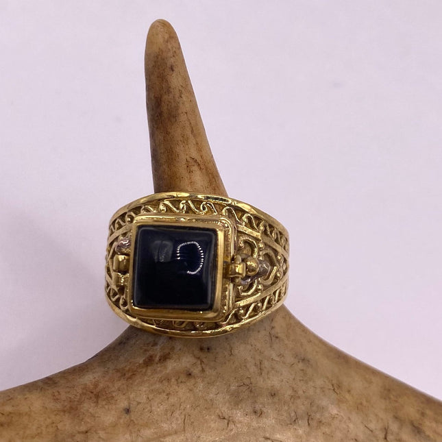 Vintage Gold Bronze Poison Ring | Black Onyx Unique Gift Statement Ring