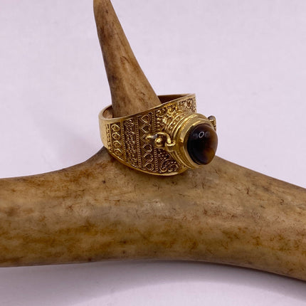 Vintage Gold Bronze Poison Ring | Tigers Eye | Unique Gift Statement Ring