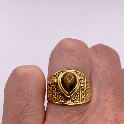 Vintage Gold Bronze Poison Ring | Tigers Eye | Unique Gift Statement Ring