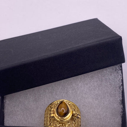Vintage Gold Bronze Poison Ring | Tigers Eye | Unique Gift Statement Ring
