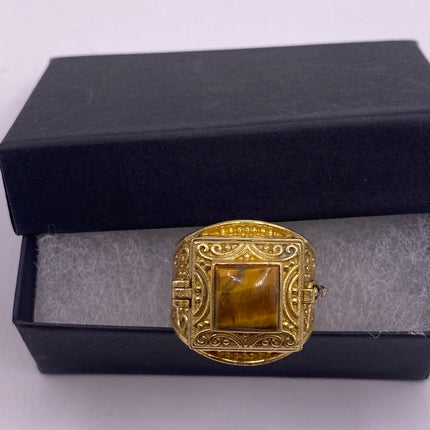 Vintage Gold Bronze Poison Ring | Tigers Eye | Unique Gift Statement Ring