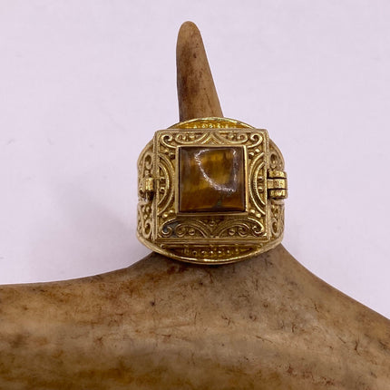 Vintage Gold Bronze Poison Ring | Tigers Eye | Unique Gift Statement Ring