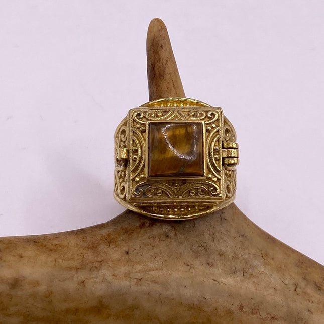 Vintage Gold Bronze Poison Ring | Tigers Eye | Unique Gift Statement Ring