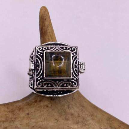 Vintage Gold Bronze Poison Ring | Tigers Eye | Unique Gift Statement Ring
