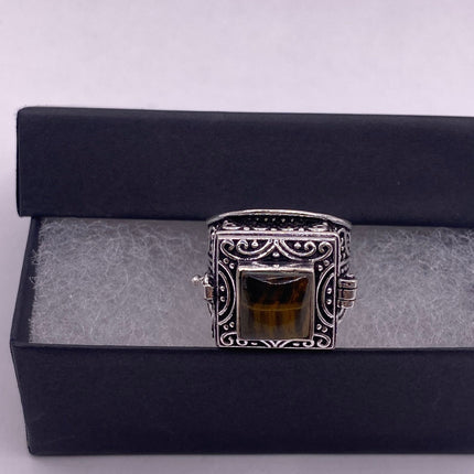 Vintage Gold Bronze Poison Ring | Tigers Eye | Unique Gift Statement Ring
