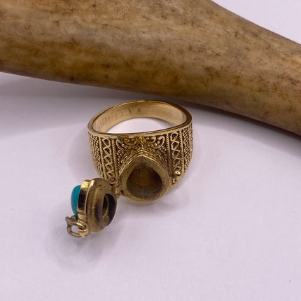 Vintage Gold Bronze Poison Ring | Turquoise Howlite Unique Gift Statement Ring