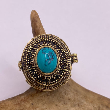 Vintage Gold Bronze Poison Ring | Turquoise Howlite Unique Gift Statement Ring