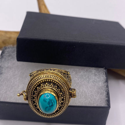 Vintage Gold Bronze Poison Ring | Turquoise Howlite Unique Gift Statement Ring