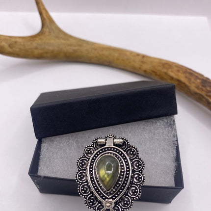 Vintage Gold Bronze Poison Ring | Labradorite | Unique Gift Statement Ring