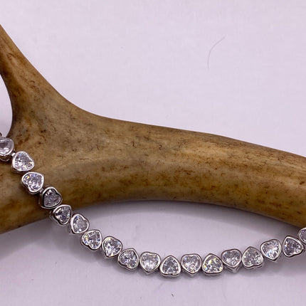 Vintage Heart Silver Tennis Bracelet | CZ Crystal Diamond Gemstone Golden 925 Sterling Silver Bracelet | Elegant Everyday Wedding or Prom