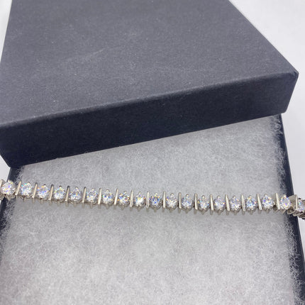 Vintage Silver Tennis Bracelet | CZ Crystal Diamond Gemstone Golden 925 Sterling Silver Bracelet | Elegant Everyday Wedding or Prom