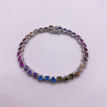 Vintage Heart Silver Tennis Bracelet | CZ Crystal Rainbow 925 Sterling Silver Bracelet | Elegant Everyday Wedding or Prom