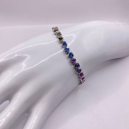 Vintage Heart Silver Tennis Bracelet | CZ Crystal Rainbow 925 Sterling Silver Bracelet | Elegant Everyday Wedding or Prom