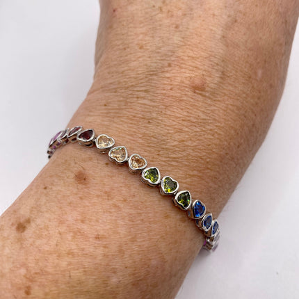 Vintage Heart Silver Tennis Bracelet | CZ Crystal Rainbow 925 Sterling Silver Bracelet | Elegant Everyday Wedding or Prom