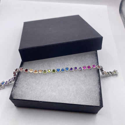 Vintage Heart Silver Tennis Bracelet | CZ Crystal Rainbow 925 Sterling Silver Bracelet | Elegant Everyday Wedding or Prom