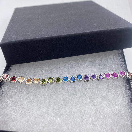 Vintage Heart Silver Tennis Bracelet | CZ Crystal Rainbow 925 Sterling Silver Bracelet | Elegant Everyday Wedding or Prom