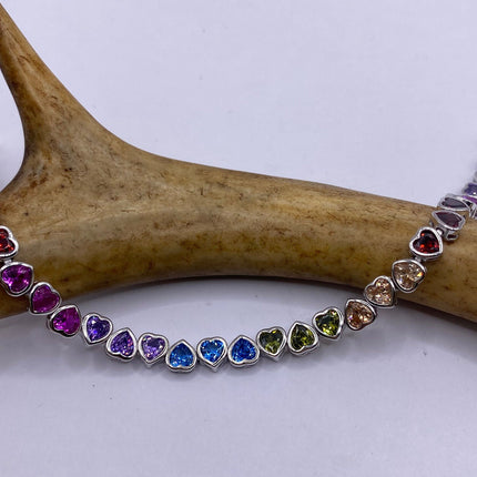 Vintage Heart Silver Tennis Bracelet | CZ Crystal Rainbow 925 Sterling Silver Bracelet | Elegant Everyday Wedding or Prom