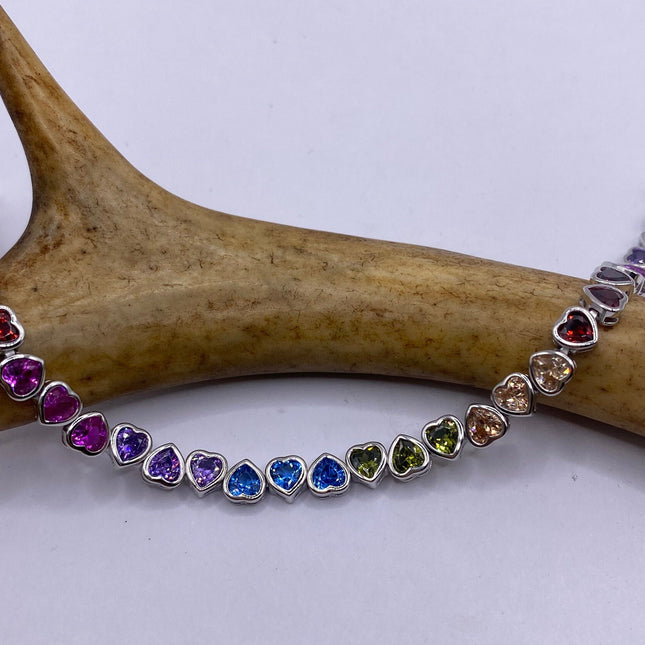 Vintage Heart Silver Tennis Bracelet CZ Crystal Rainbow 925 Silver Stacking layered Simple Elegant Everyday Wedding Prom 6 inch-Bracelets-TomWayne Jewelers