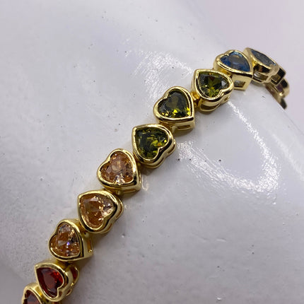 Vintage Rainbow Heart Gold Tennis Bracelet | CZ Crystal Rainbow 925 Sterling Silver Bracelet