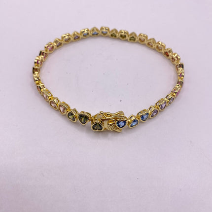 Vintage Rainbow Heart Gold Tennis Bracelet | CZ Crystal Rainbow 925 Sterling Silver Bracelet