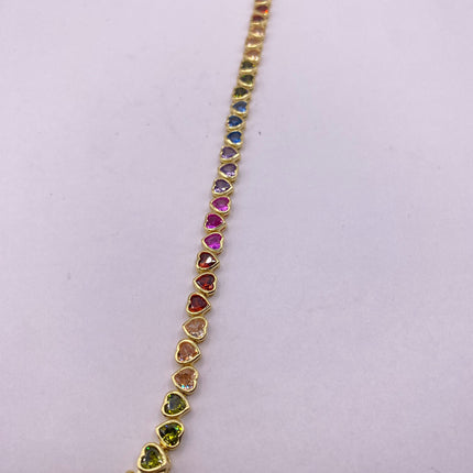 Vintage Rainbow Heart Gold Tennis Bracelet | CZ Crystal Rainbow 925 Sterling Silver Bracelet
