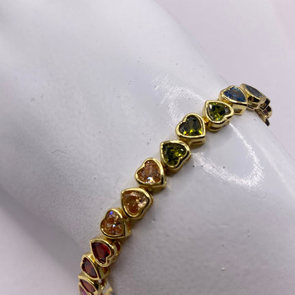 Vintage Rainbow Heart Gold Tennis Bracelet | CZ Crystal Rainbow 925 Sterling Silver Bracelet