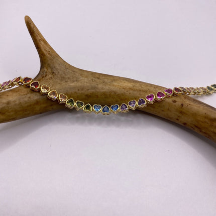 Vintage Rainbow Heart Gold Tennis Bracelet | CZ Crystal Rainbow 925 Sterling Silver Bracelet