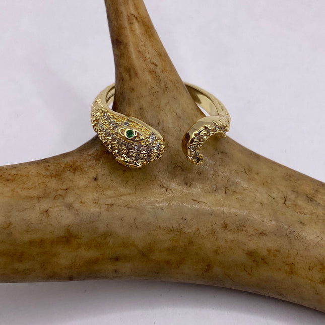 Vintage Gold Snake Ring | Green and Cubic Zirconia Crystal Diamond Gemstones 9k Gold Filled Band | Unique Gift Serpent Statement Ring