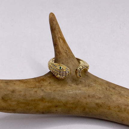 Vintage Gold Snake Ring | Green and Cubic Zirconia Crystal Diamond Gemstones 9k Gold Filled Band | Unique Gift Serpent Statement Ring