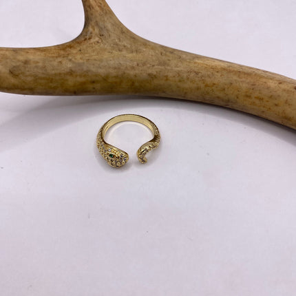 Vintage Gold Snake Ring | Green and Cubic Zirconia Crystal Diamond Gemstones 9k Gold Filled Band | Unique Gift Serpent Statement Ring