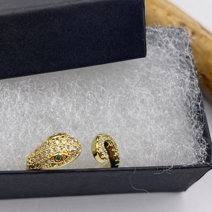 Vintage Gold Snake Ring | Green and Cubic Zirconia Crystal Diamond Gemstones 9k Gold Filled Band | Unique Gift Serpent Statement Ring