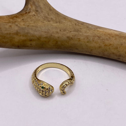 Vintage Gold Snake Ring | Green and Cubic Zirconia Crystal Diamond Gemstones 9k Gold Filled Band | Unique Gift Serpent Statement Ring
