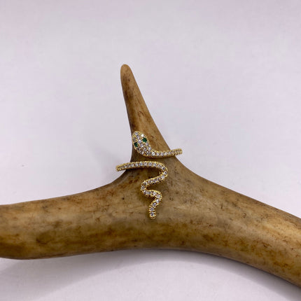Vintage Gold Snake Ring | Green and Cubic Zirconia Crystal Diamond Gemstones 9k Gold Filled Band | Unique Gift Serpent Statement Ring