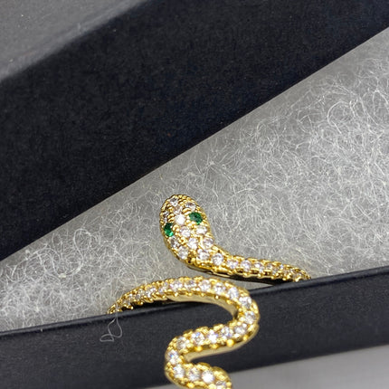 Vintage Gold Snake Ring | Green and Cubic Zirconia Crystal Diamond Gemstones 9k Gold Filled Band | Unique Gift Serpent Statement Ring