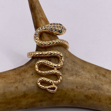 Vintage Gold Snake Ring | Green and Cubic Zirconia Crystal Diamond Gemstones 9k Gold Filled Band | Unique Gift Serpent Statement Ring