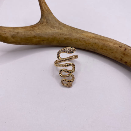 Vintage Gold Snake Ring | Green and Cubic Zirconia Crystal Diamond Gemstones 9k Gold Filled Band | Unique Gift Serpent Statement Ring