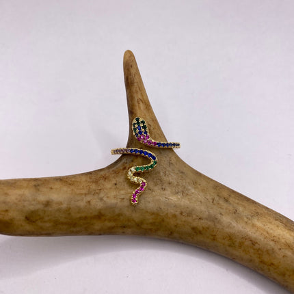 Vintage Gold Snake Ring | Green and Cubic Zirconia Crystal Diamond Gemstones 9k Gold Filled Band | Unique Gift Serpent Statement Ring