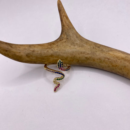 Vintage Gold Snake Ring | Green and Cubic Zirconia Crystal Diamond Gemstones 9k Gold Filled Band | Unique Gift Serpent Statement Ring