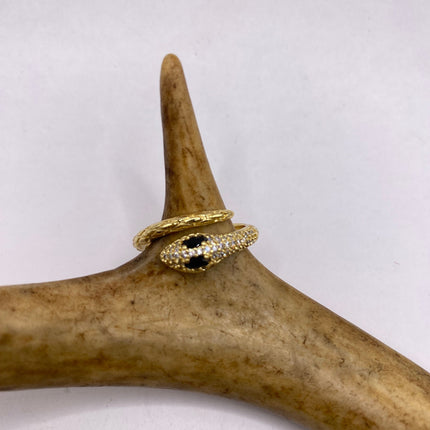 Vintage Gold Snake Ring | Black and Cubic Zirconia Crystal Diamond Gemstones 9k Gold Filled Band | Unique Gift Serpent Statement Ring