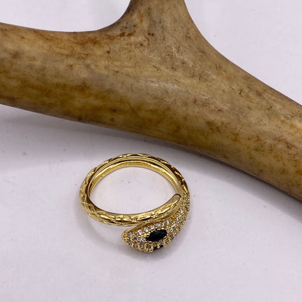 Vintage Gold Snake Ring | Black and Cubic Zirconia Crystal Diamond Gemstones 9k Gold Filled Band | Unique Gift Serpent Statement Ring