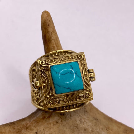 Vintage Gold Bronze Poison Ring | Turquoise Howlite Unique Gift Statement Ring