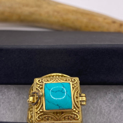 Vintage Gold Bronze Poison Ring | Turquoise Howlite Unique Gift Statement Ring
